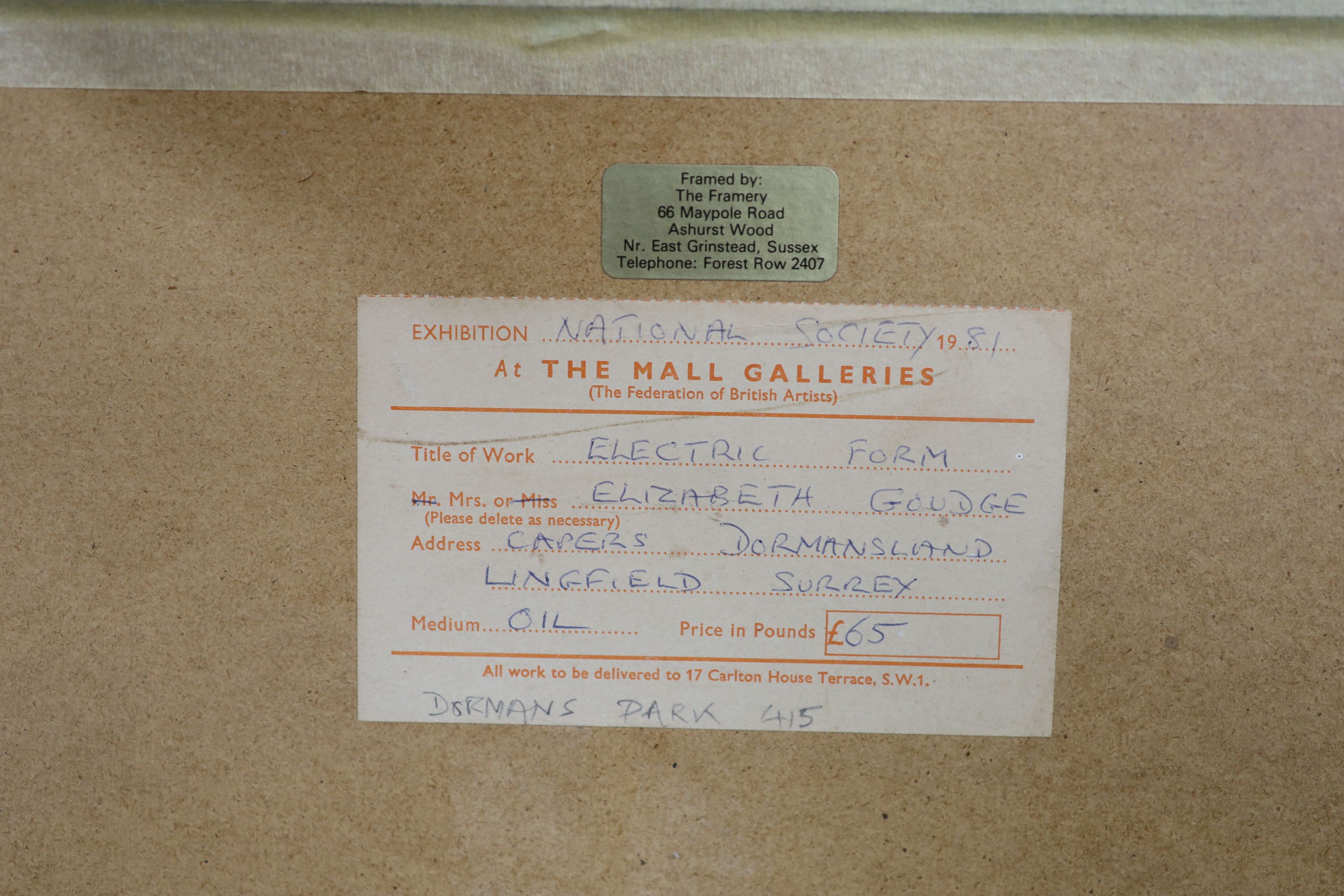 Elizabeth Goudge (1923-2020), oil on board, 'Electric Form', 1981 Exhibition label verso, 50 x 38cm